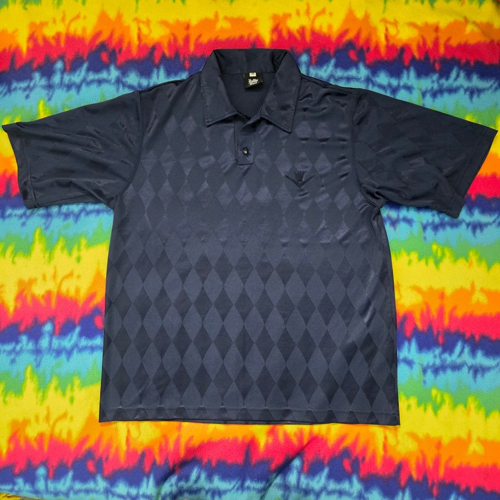 Vintage Rollin Hard Polo Shirt Mens Medium Navy Blue Diamond Jacquard USA Made